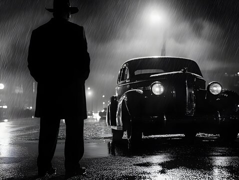 Noir Night: A solitary figure, cloaked in shadow and a fedora, stands by a vintage car, its headlights piercing the rainy darkness. The scene evokes a sense of mystery and intrigue. 