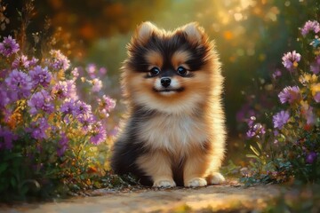 Obraz premium fluffy Pomeranian puppy sitting on path with purple flowers in morning light portrait outdoors