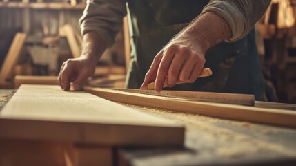 Carpenter cutting wood for a custom cabinet in a workshop. Featuring skill and craftsmanship
