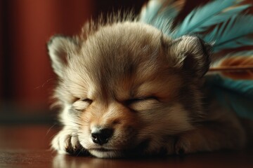 Obraz premium Cute puppy sleeping peacefully on a wooden surface with colorful feathers nearby in a cozy indoor setting