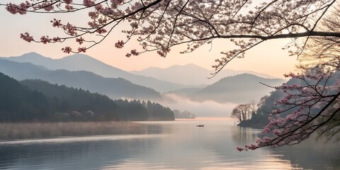 Serene Sunrise over Misty Lake Mountainscape with Cherry Blossoms