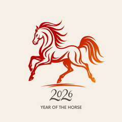 Running red fire horse symbol of new year 2026 according to Asian Chinese calendar. greeting card or banner. vector illustration