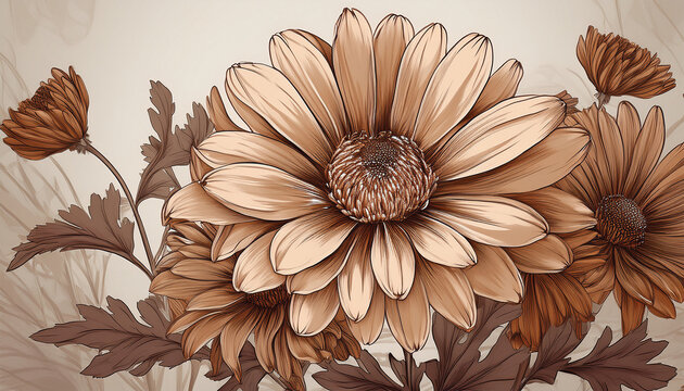 big boho daisy mocha mousse hand drawn brown flowers light background