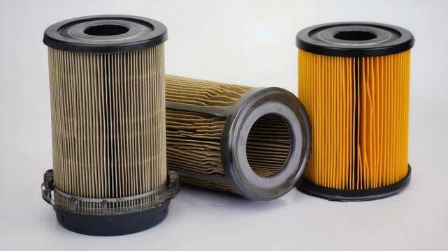 Three replacement industrial filters on a white surface, standing and lying horizontal, close up for maintenance and mechanical applications