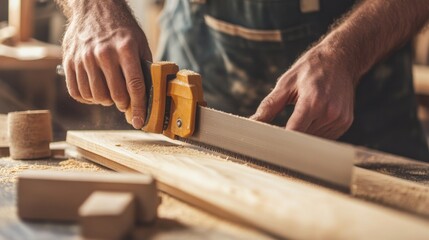 Carpenter cutting wood for a door frame in a workshop. Featuring craftsmanship and accuracy