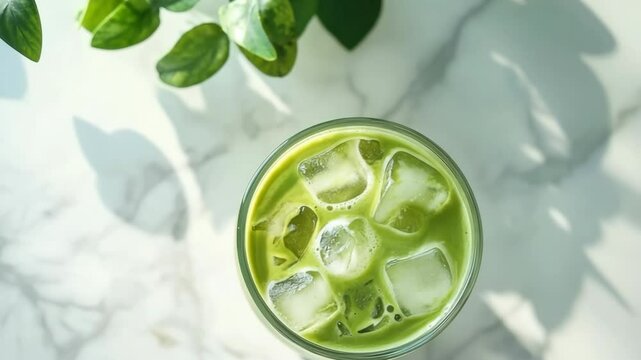 Iced matcha latte on marble table with plant