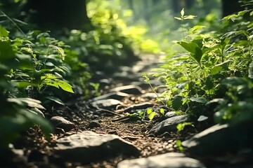 A close-up of the rocky path leading through a dense forest, with lush green foliage and sunlight filtering down from above. The focus is on the small plants growing along the side paths,