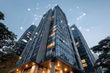 Naklejka premium Modern building illuminated at dusk with digital connections symbolizing technology and innovation in urban environments