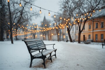 Quiet winter evening in a snow-covered park with warm lights illuminating the path and benches
