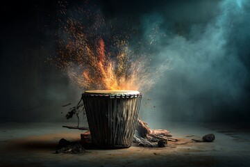 A powerful image of an African djembe drum with sparks and smoke, symbolizing rhythm and energy.