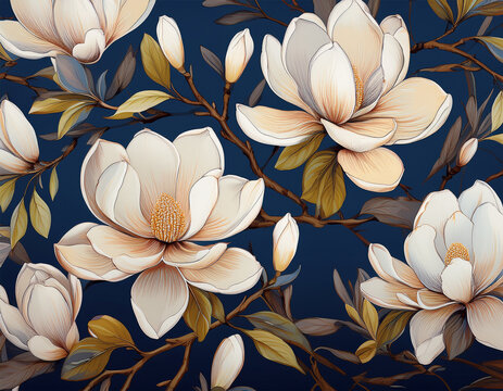 delicate magnolia pattern on dark blue