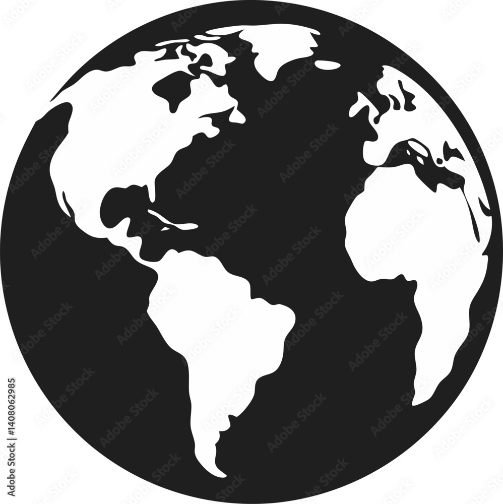 Wall mural a silhouette vector art of a simple globe with isolated white background, world map on transparent b