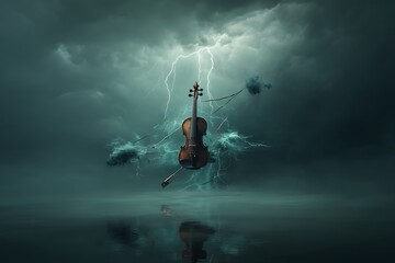 Fototapeta premium A solitary violin hovers against a dramatic backdrop of stormy skies, lightning strikes, and dark clouds, reflected in the calm waters below.