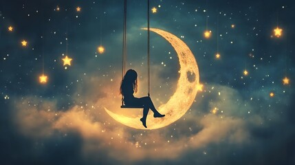 Celestial Swing: A serene silhouette of a girl sits on a crescent moon swing amidst a breathtaking expanse of stars and clouds.