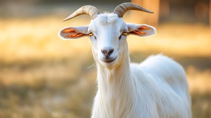 Fototapeta premium Smiling Goat Portrait: A captivating close-up of a white goat with distinctive horns, captured in a sunlit natural setting.