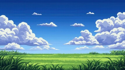 Fototapeta premium Vibrant landscape with lush green grass under a bright blue sky filled with fluffy clouds