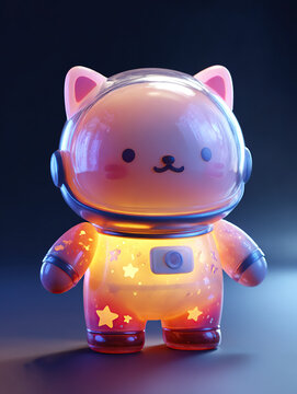Blind box character: astronaut cat wearing transparent helmet, chubby body with star patterns, soft gradient lighting