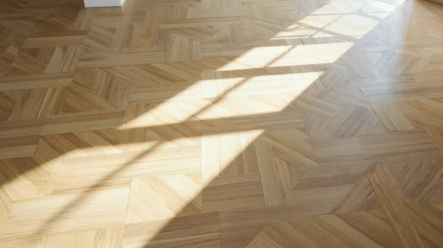 Parquet Wood Flooring with Geometric Pattern and Sunlight Streaming Through a Window