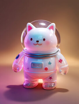 Blind box character: astronaut cat wearing transparent helmet, chubby body with star patterns, soft gradient lighting