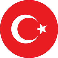 Obraz premium Circular Turkish flag icon, simple design, red background, white crescent moon and star.
