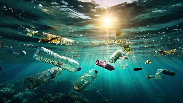 Underwater Plastic Pollution: A sobering portrayal of ocean contamination with plastic debris, with sunlight piercing through the water surface, casting an eerie light on the environmental challenge.