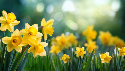 Fototapeta premium yellow daffodils in spring background on bokeh blurred green fresh landscape