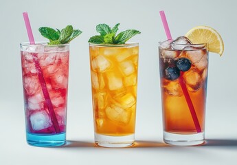 Refreshing Summer Cocktails with Mint Garnish, Ice Cubes, and Colorful Straws for a Vibrant and Inviting Beverage Experience