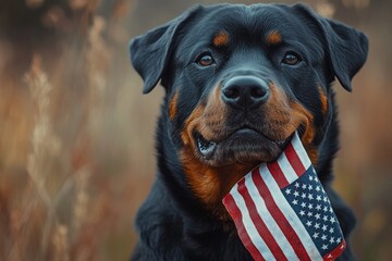 Fototapeta premium Rottweiler Dog Holding American Flag Outdoors in Summer Green Park