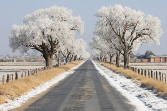 Frost-covered landscape with a snowy road lined by trees during a clear winter day