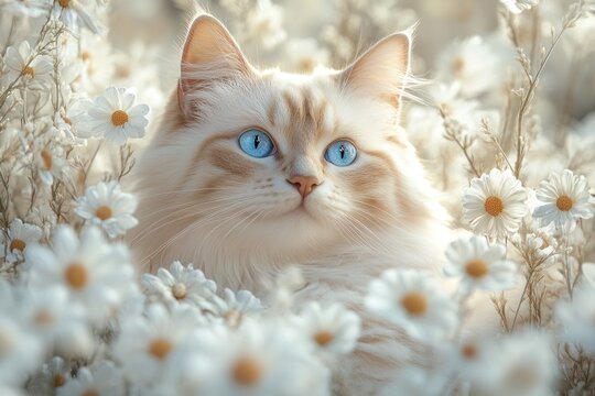 serene cat with blue eyes resting among white flowers in garden