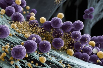 A digitally colorized microscopic image displaying clusters of spherical microbial cells in shades of purple and yellow on a fibrous blue surface under high magnification