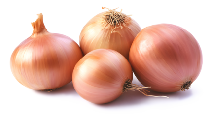 Four large onions are piled on top of each other. The onions are all different sizes and are all brown