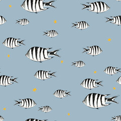 Colorful striped fish swimming in a patterned ocean background with stars 