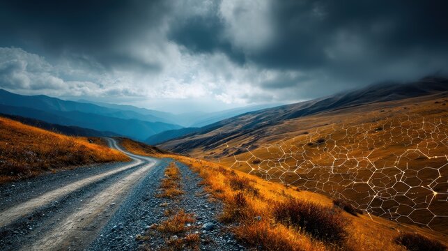 A scenic dirt road curves through golden grassy hills under a dramatic stormy sky with distant mountains and a hexagonal digital pattern subtly overlaying part of the landscape