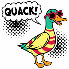 Pop art cartoon duck in sunglasses with speech bubble “QUACK!
