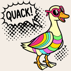 Pop art cartoon duck in sunglasses with speech bubble “QUACK!