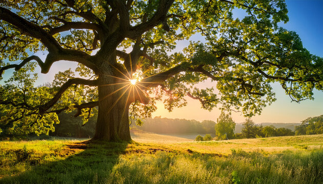 old oak tree foliage in morning light with sunlight