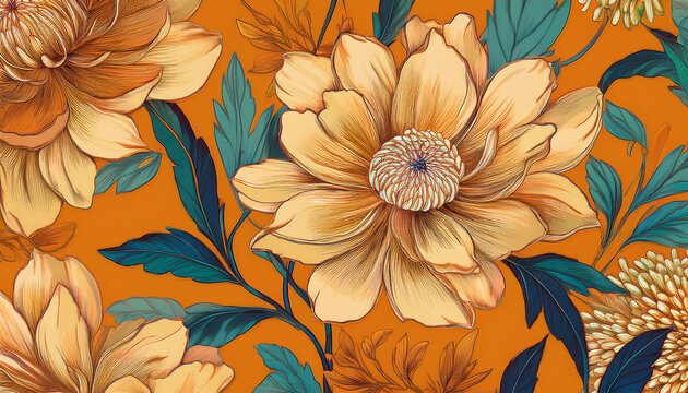 bold botanical blooms on golden orange seamless pattern