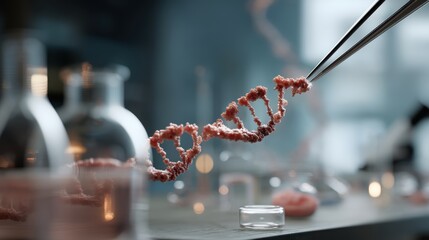A highly detailed representation of a DNA strand being carefully lifted by tweezers over a petri dish in a laboratory setting with a blurred scientific background