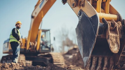 Construction worker operating an excavator at a job site. Featuring heavy machinery and excavation work