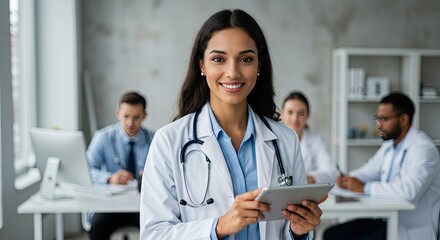 Fototapeta premium Medical Team Working Together in a Modern Clinical Office - Healthcare, Teamwork, and Professional Expertise