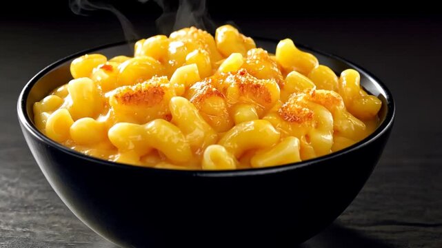 Creamy Macaroni and Cheese Served in Black Bowl with Delicious Cheddar Aroma