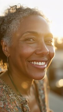 Confident and graceful senior Black woman with natural curly gray hair looking at the camera with a calm and warm smile at golden hour, close-up outdoor portrait, Generative AI