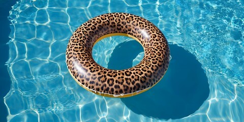 Leopard Print Pool Float in Blue Water on Sunny Summer Day