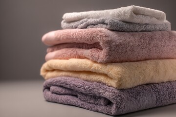 A neatly folded stack of fluffy towels in pastel shades, evoking comfort and relaxation.