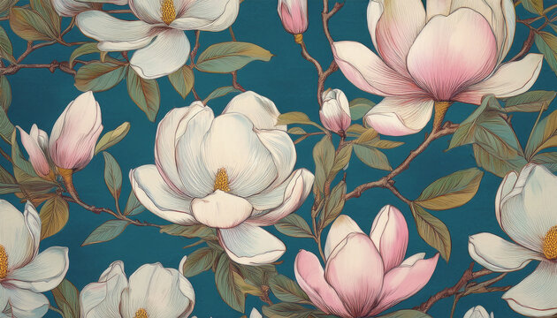 retro magnolia floral pattern on blue