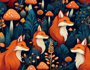 enchanting fox forest and mushrooms seamless pattern