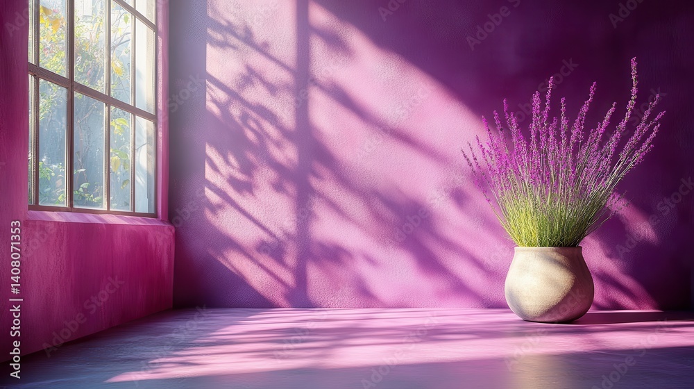 Poster stock photo features a minimalist gradient purple studio room background creating a sleek,versatile 