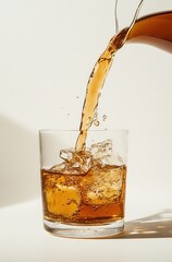 Refreshing beverage being poured into a glass with ice cubes, showcasing effervescence and condensation in bright natural light on a clean background