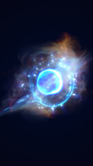 A glowing blue celestial sphere surrounded by swirling nebula-like clouds in deep space, emitting bright light and energy